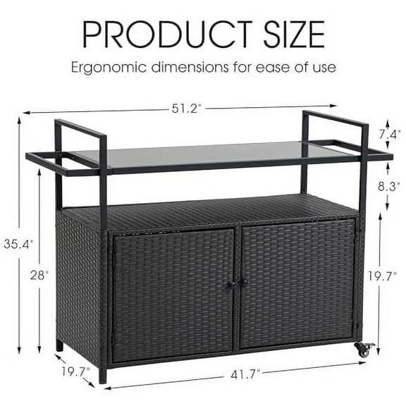 HOMEFUN Outdoor Bar Carts with Storage Cabinet - BBQ Grill Cart with Wheels Waterproof Wicker Patio Console Table for Kitchen Island Black