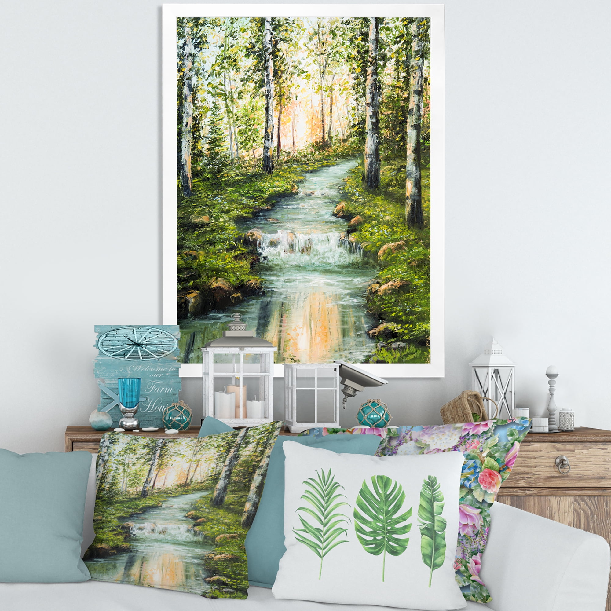 Designart 'River Through Green Birch Forest' Lake House Framed Art Print