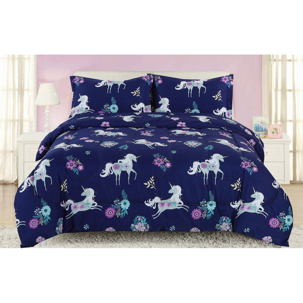Twin Girls Unicorn Comforter Bedding Set, Navy Blue, Purple and Teal