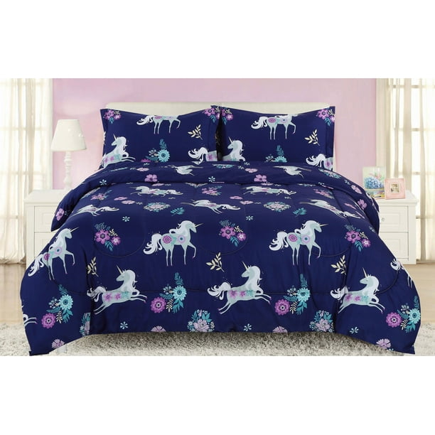 Twin Girls Unicorn Comforter Bedding, Teal Blue Bed Sheets