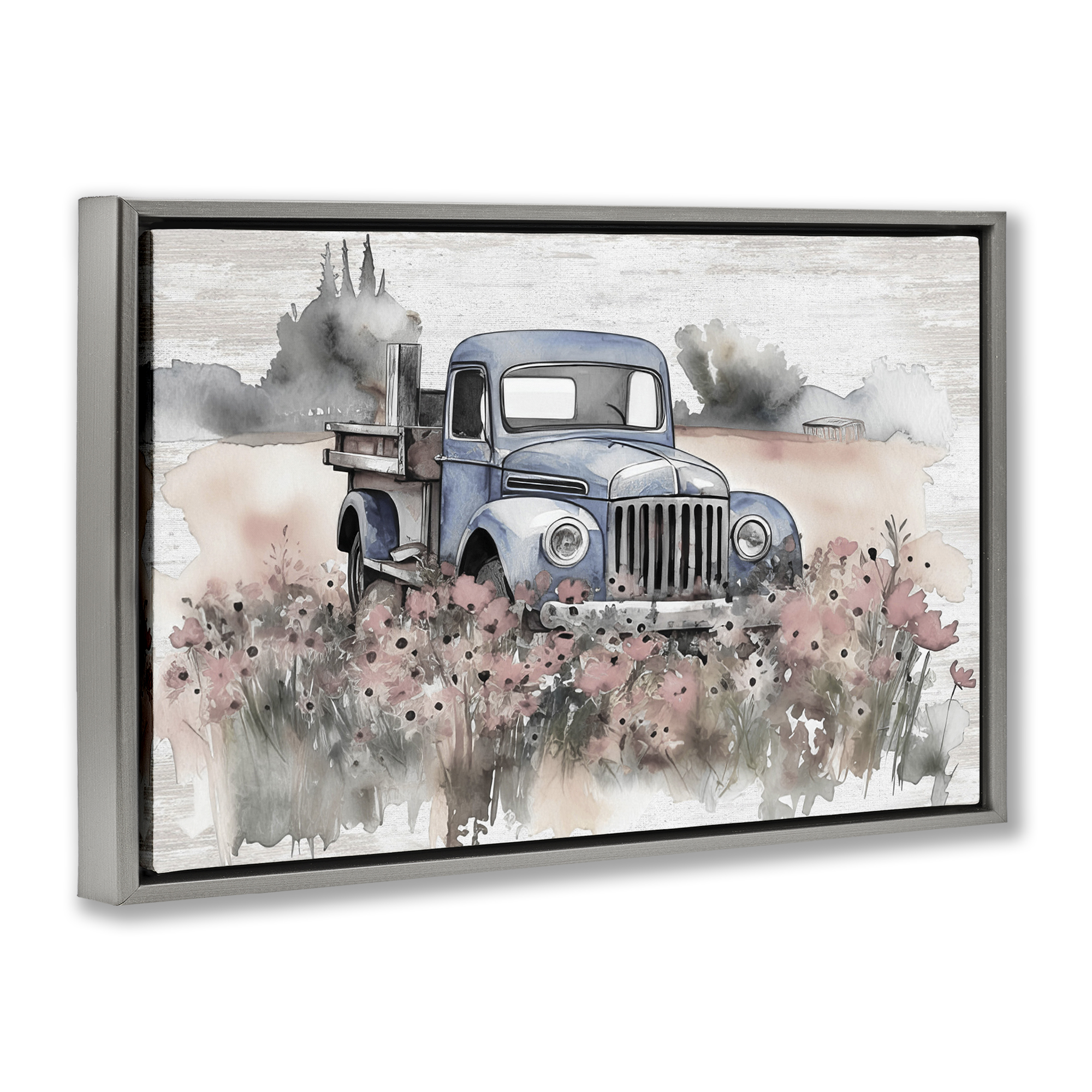 Stupell Industries Pickup in Floral Meadow Transportation Painting Gray Floater Framed Canvas Art Print Wall Art, 31 x 21