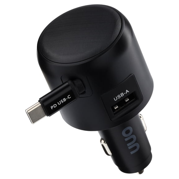 onn Dual-Port Fast Charge USB-C/USB Car Charger with Built-In Retractable USB-C Cable