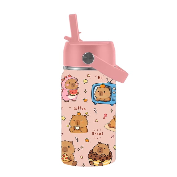 JOPJOLIW Capybara 12oz Water Bottle for Girls & Boys, Birthday Gift for Capybara Lovers Daughter, Insulated Tumbler with Handle, Stainless Steel Reusable Leak-proof Cup for Sports, Rose-pink 1-Pack