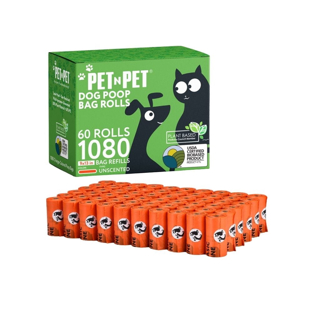PET N PET Dog Poop Bags, 1080 Count, Unscented, 41% Plant-Based USDA Certified, Leak-Proof Dog Waste Bags, 8 x 15 Inches, Orange