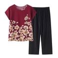 thumbnail image 1 of Mikilon Ensemble Élégant pour Femmes 2 Pcs Coton Lin Costume Deux Pièces Manches Courtes Col Rond Haut Imprimé Pantalon Ensemble Rouge-B 2TG, 1 of 3