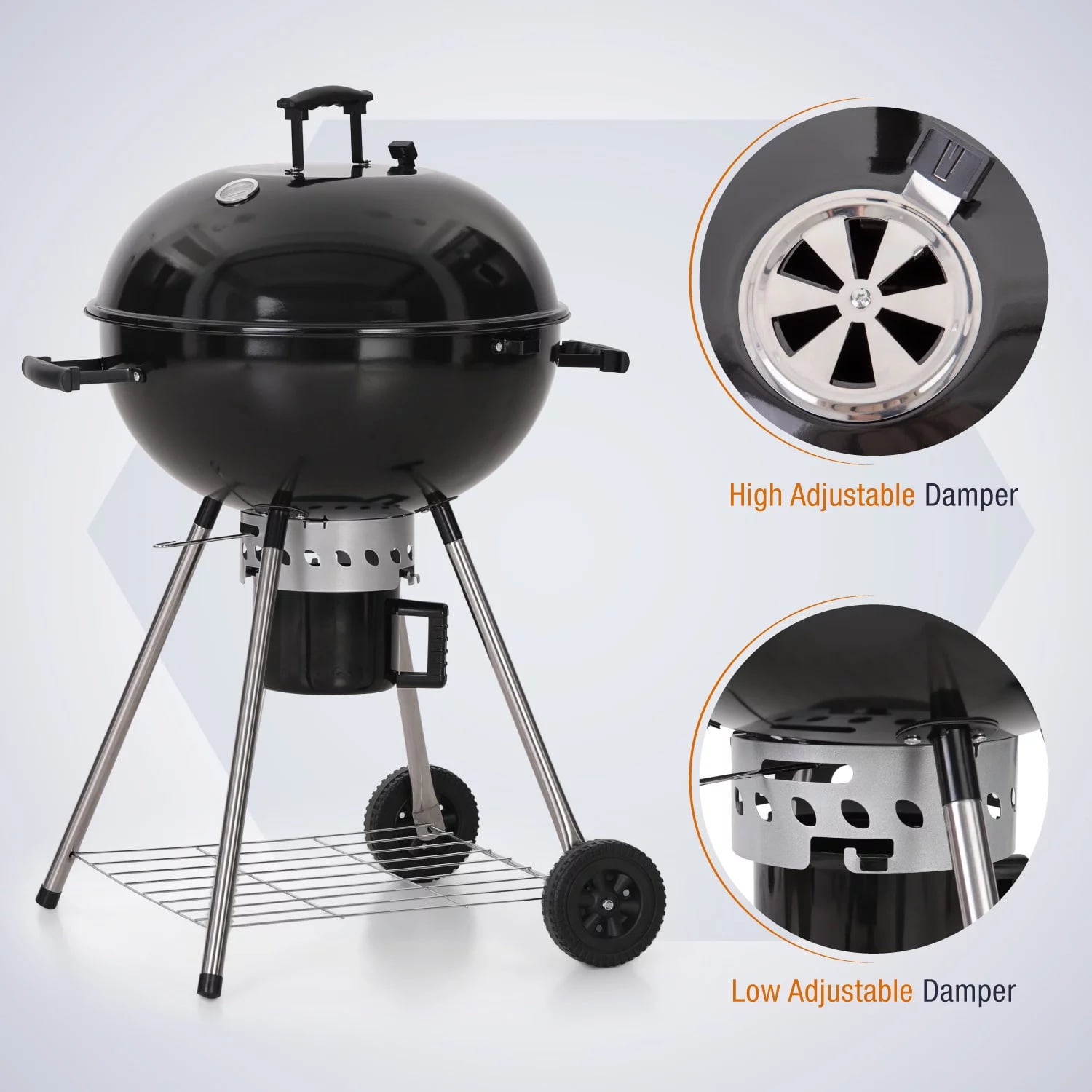 PHI VILLA 22" Portable Kettle Charcoal BBQ Grill, Black