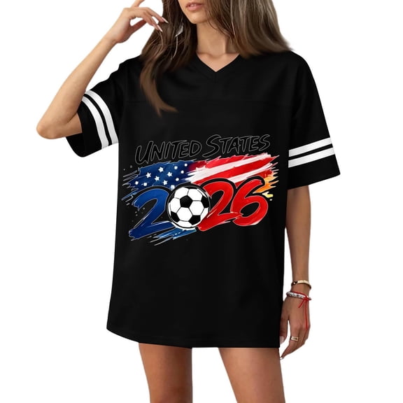 Soccer Cup 2026 Jersey Shirts for Women Casual Fashion V-neck Football Flag Print Short-sleeved Sports T-shirt Top