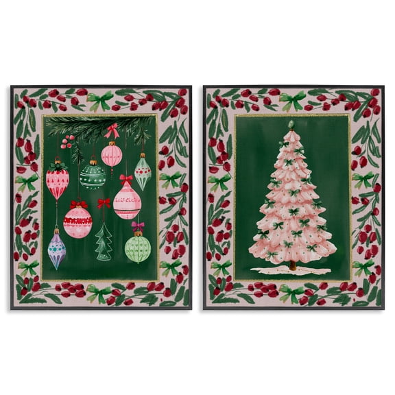 Stupell Industries Vintage Ornaments & Tree Border 2 Piece Black Framed Giclee Art Set, design by Yen, 14 x 11