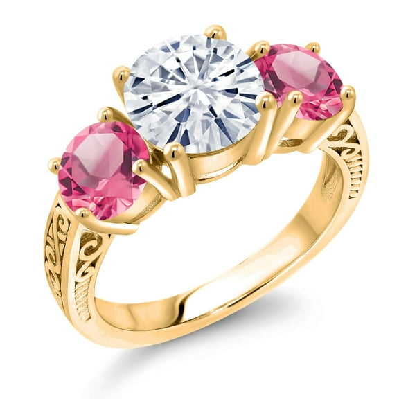 Gem Stone King 18K Yellow Gold Plated Silver White Moissanite and Pink Mystic Topaz Engagement Ring for Women | 4.90 Cttw | Round 8MM | Gemstone Birthstone | Size 6