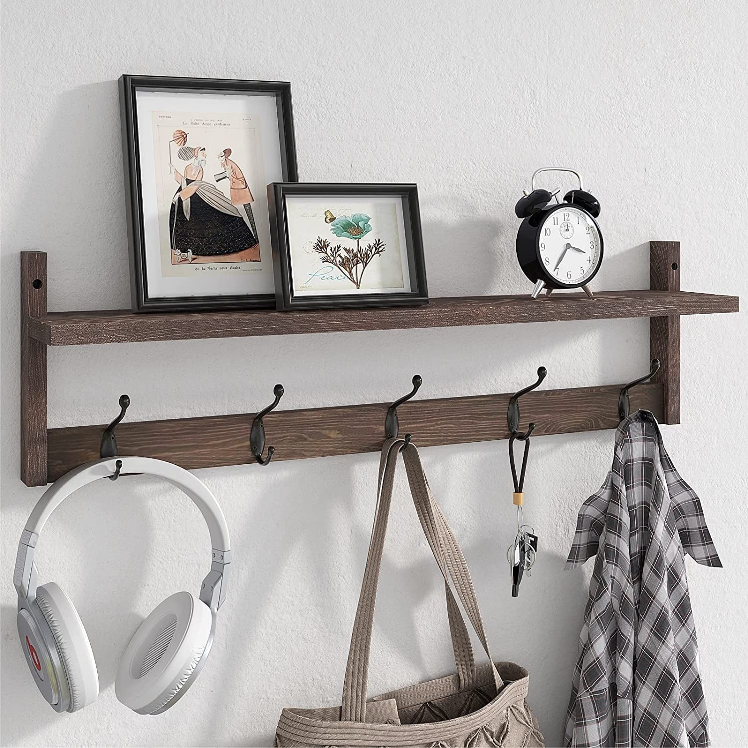 Coat Hooks, Wall Hooks with Shelf, Wood Coat Rack with Shelf Wall