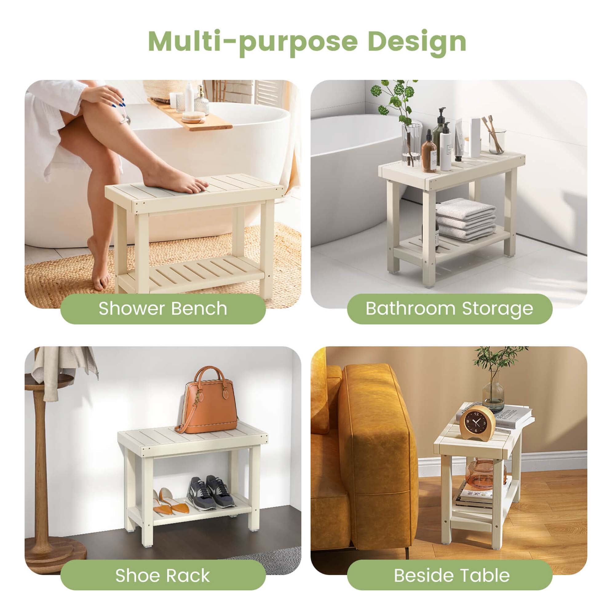 Costway 24 x 12 Heavy Duty Waterproof HDPE Shower Bench Stool with Storage Shelf White
