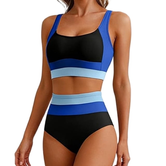 Women's Tankini Swim Set Patchwork V Neck Top with Adjustable Closure & Swim Bottoms, Removable Padded Outfit for Beach