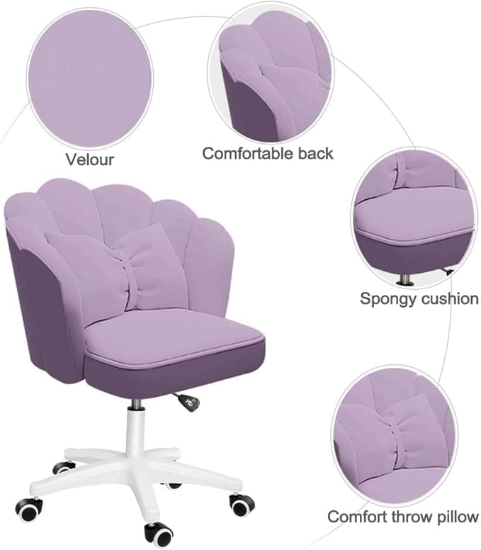 Petal Desk Chair with Bow Cushion Velvet Vanity Chair with Wheels, Upholstered Home Office Chair for Girls Women, Mid-Back Swivel Computer Task Chairs for Living Room Bedroom