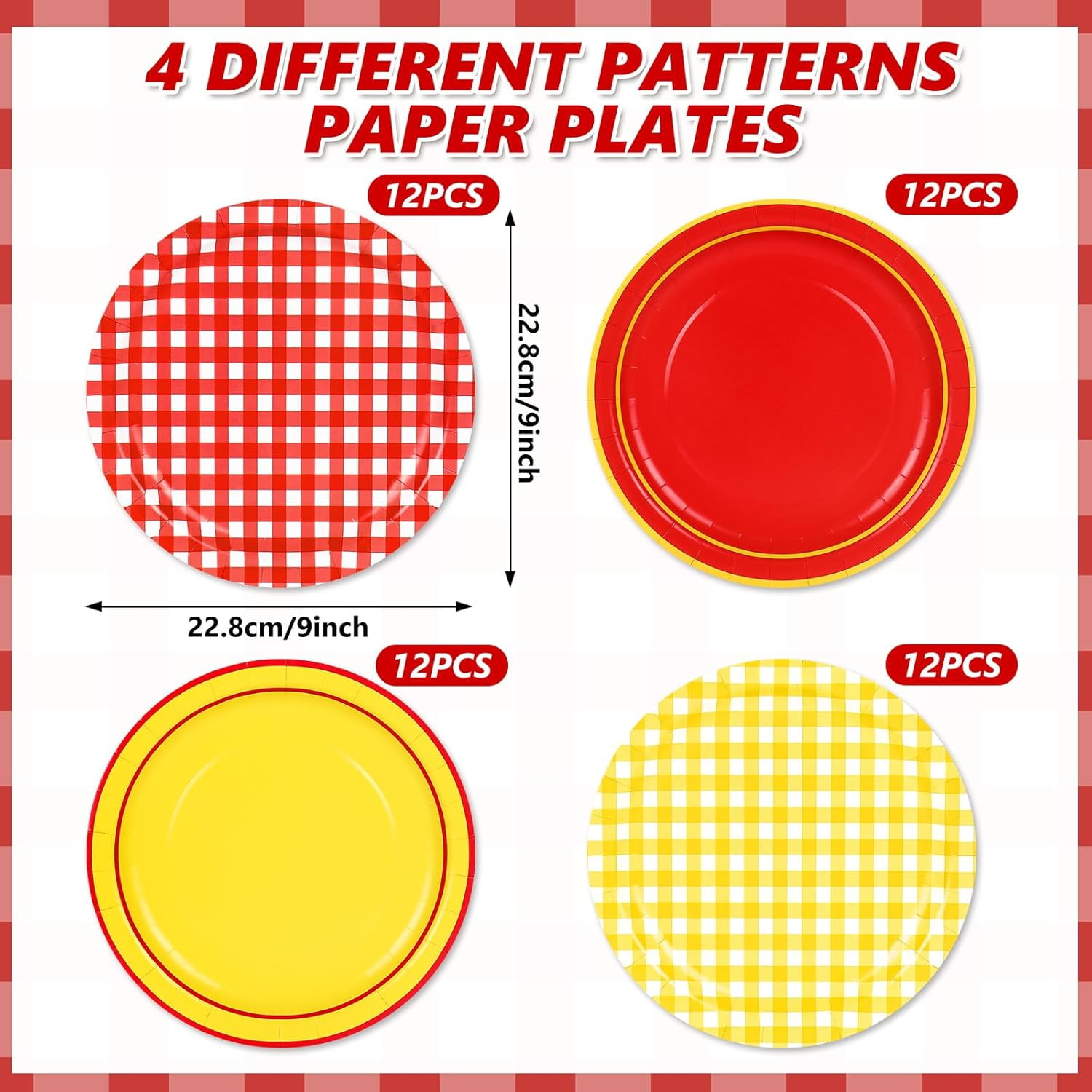 Pizza Party Paper Plates Red and Yellow Gingham Disposable Dinner Dessert Plates for Party Tableware Set