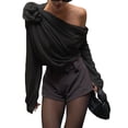 thumbnail image 1 of Gupgi Women Ruched Chiffon Tops One Shoulder Long Sleeve 3D Floral Mesh Shirt Solid Color Blouse, 1 of 5