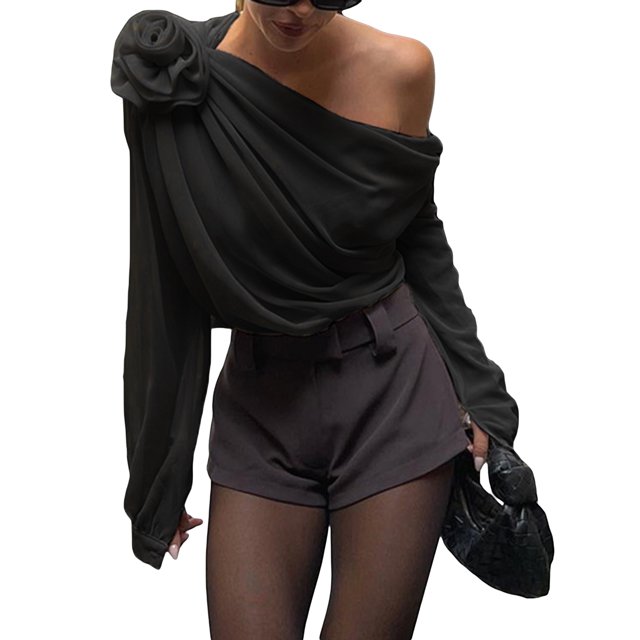 Gupgi Women Ruched Chiffon Tops One Shoulder Long Sleeve 3D Floral Mesh Shirt Solid Color Blouse
