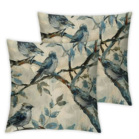 Acheng Ink Painting Watercolor Blue Grey Lovely Birds Tree Leaves Decorative Throw Pillow Cover Case Home Living Room Bed Sofa Car Square,Set of 2 White(Two Side print) 12x12in