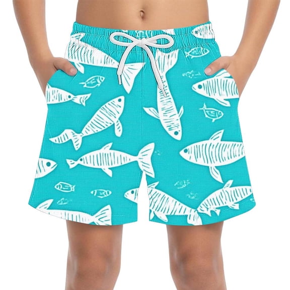 Boys Fish Print Quick Dry Swim Trunks - Polyester Spandex Swim Shorts with Pockets & Adjustable Drawstring, Multicolor, for Kids Ages 4-15,Size 8-9T