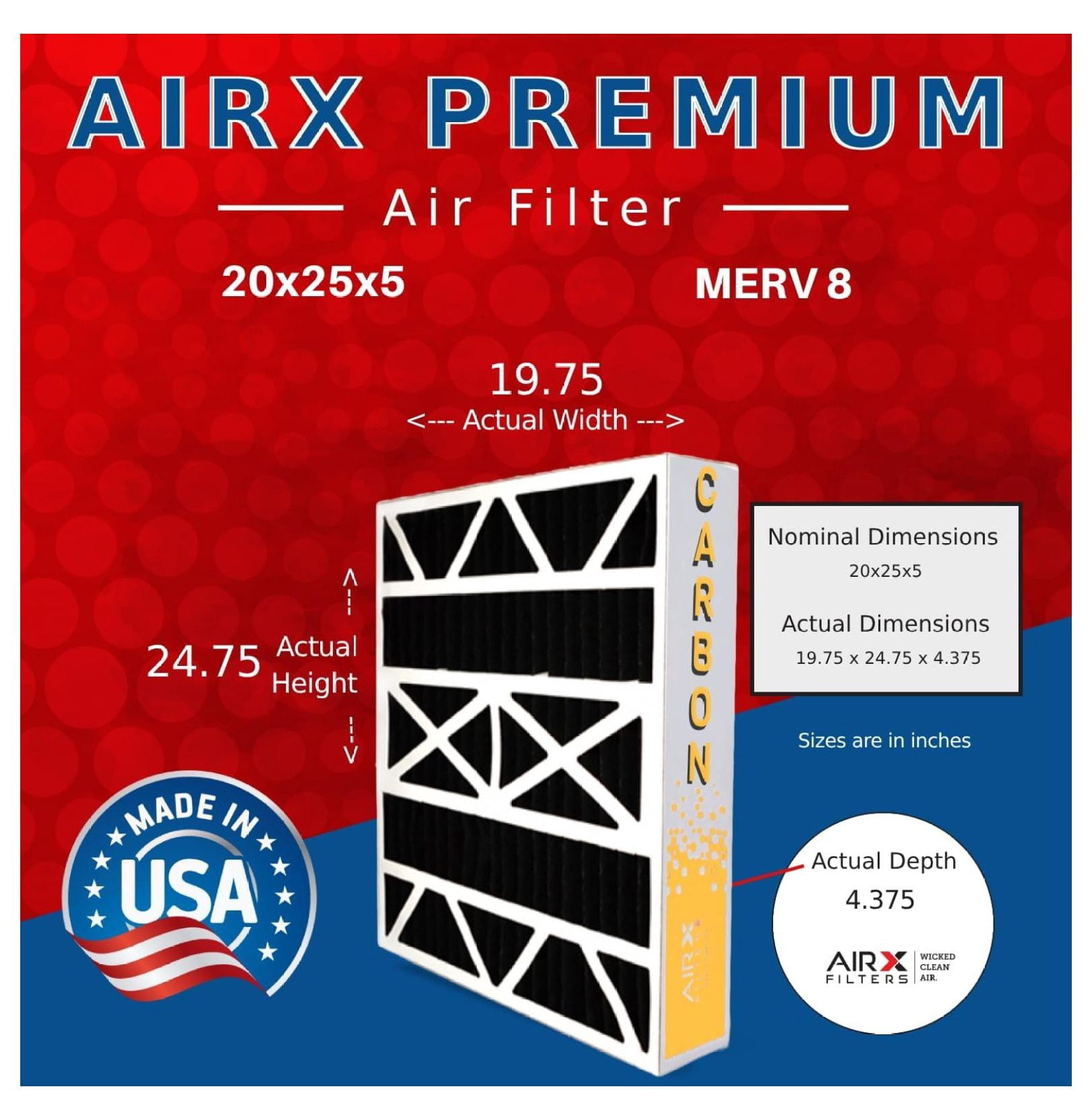 20x25x5 Air Filter 2-Pack with Carbon, MERV 8 Replacement for FILXXCAR0020, Odor Elimination Furnace Filters