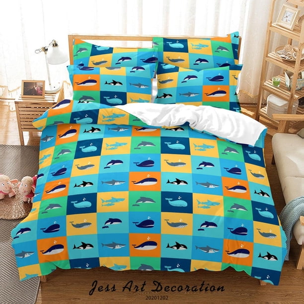 3D Cartoon Colorful Lattice Ocean Shark Whale Dolphin Fish Pattern Funda de edredón