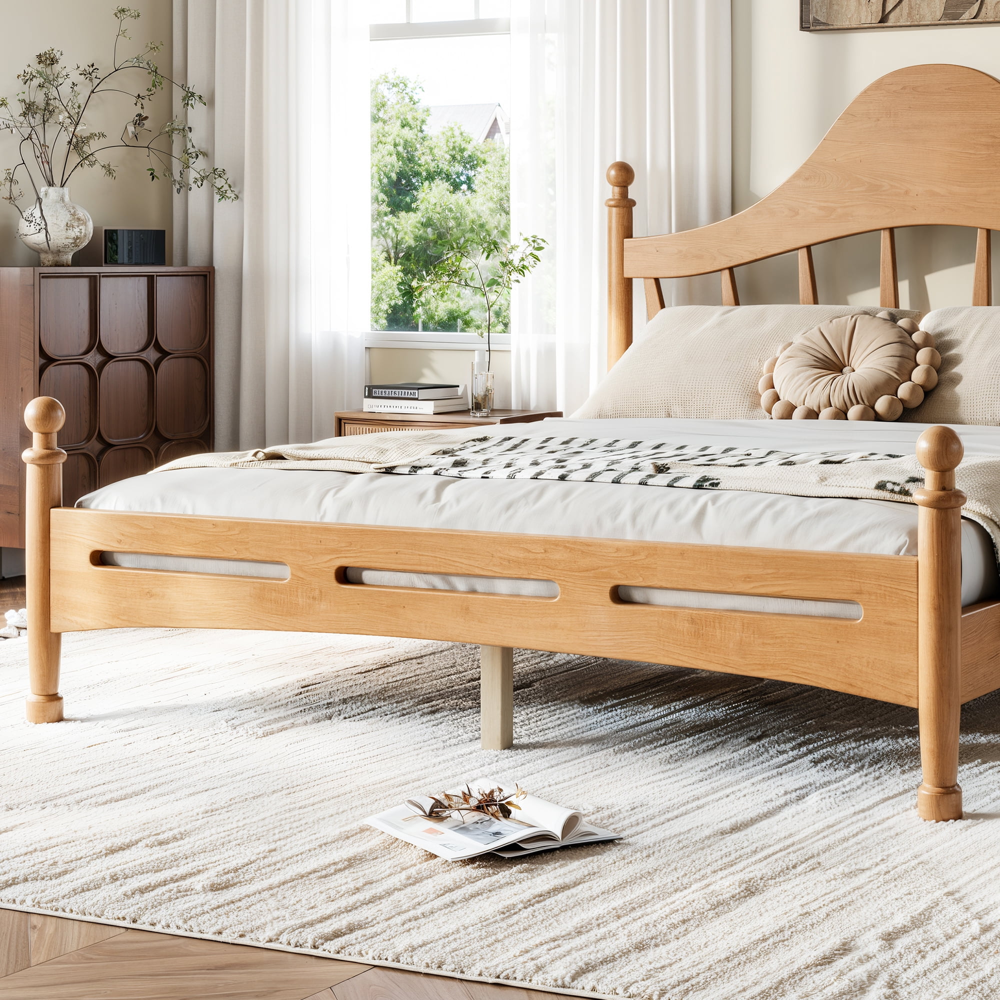 Leumius Queen Size Platform Bed with Chic Headboard, Solid Wood Bed Frame with Slatted Support, Low to Ground Design for Bedroom Natural