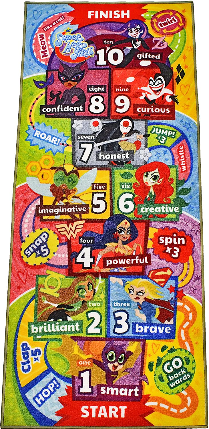 KC Cubs | DC Super Hero Girls Hopscotch Number Counting Activity Educational Learning & Fun Game Play Area Non-Slip Rug Carpet for Kids and Children Bedrooms, Classroom and Playroom