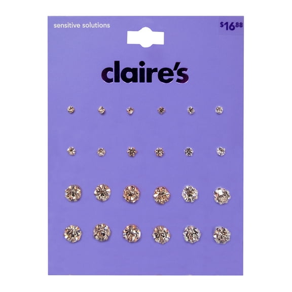 Claire's Teenagers Mixed Metal Graduated Crystal Stud Earrings Set, Post Back, 12 Pack, 73833