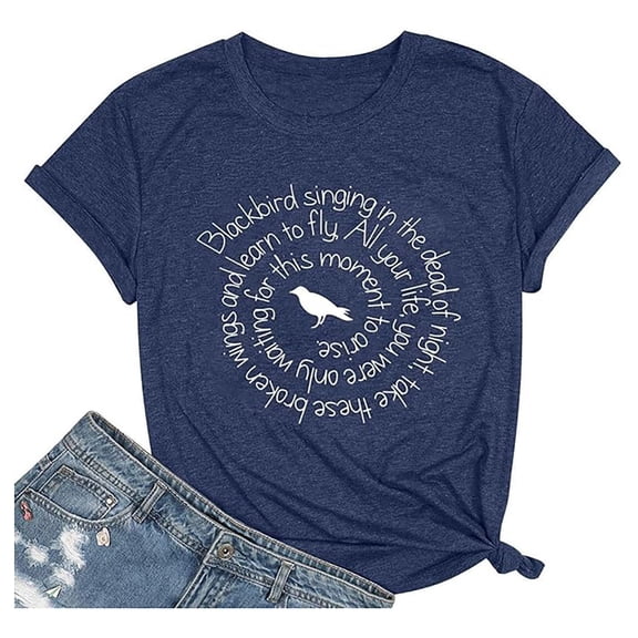 WEIWEN Country Music Tshirts Shirts for Women Blackbird Singing in The Dead of Night Tees Funny Beatles T Shirts Vintage Short Sleeve Tops Blue, XL