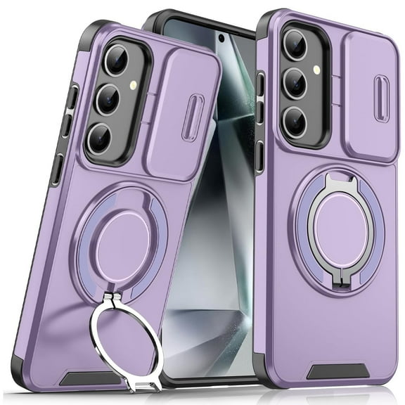 Dual Layer MagSafe Case with Rotating Stand and Privacy Camera Cover for Samsung Galaxy S25 - Purple