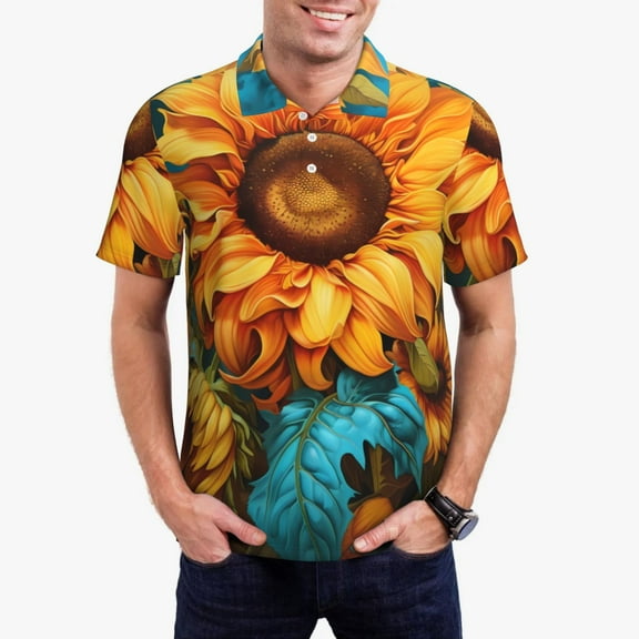 Kdxio Deep Yellow Colorful Sunflower Print Men's Short Sleeve Polo Shirt,Midweight Men's Shirt
