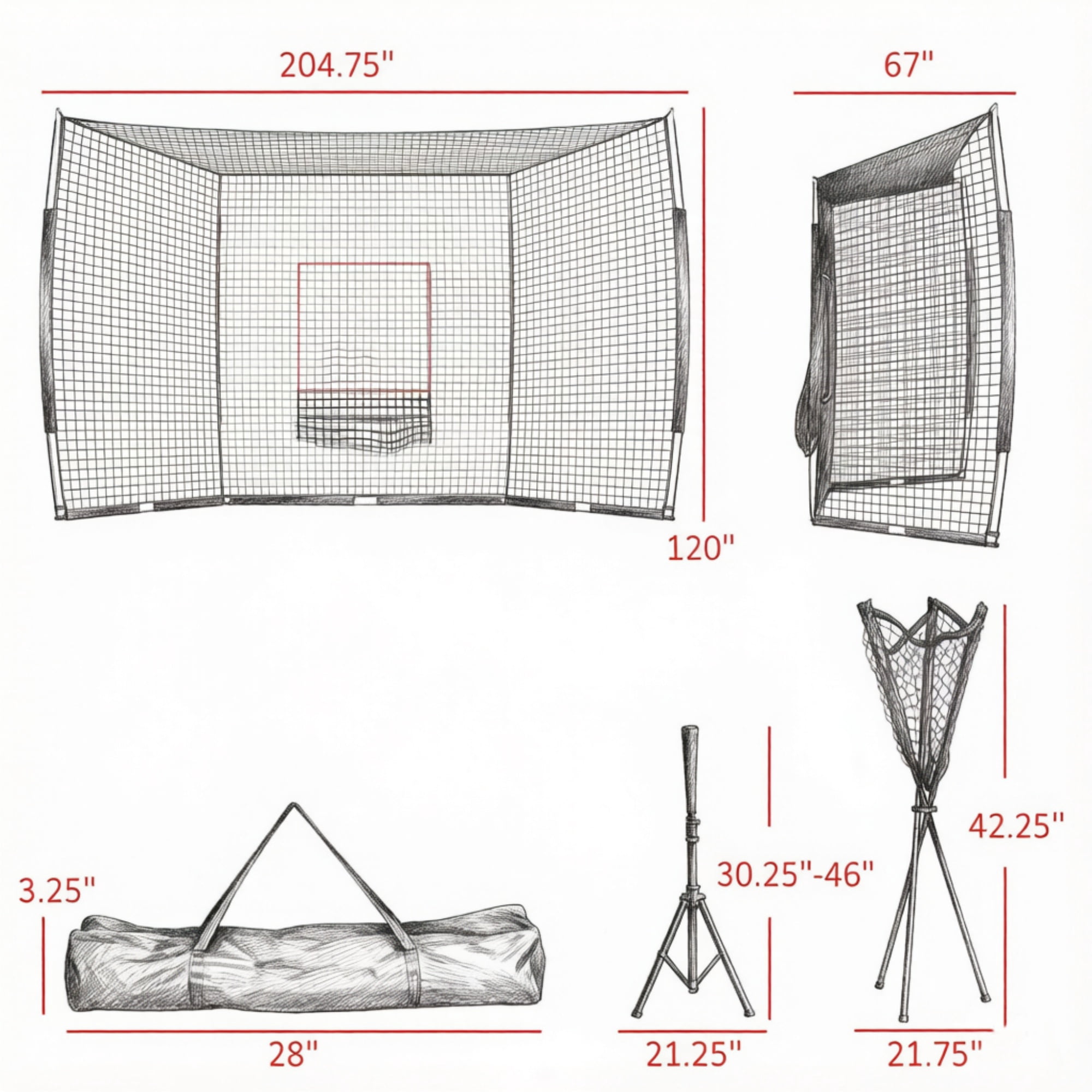Baseball Batting Practice Equipment Set with Strike Zone Net Adjustable Tee 120-Ball Tripod Caddy & Carry Bag for Backyard Training