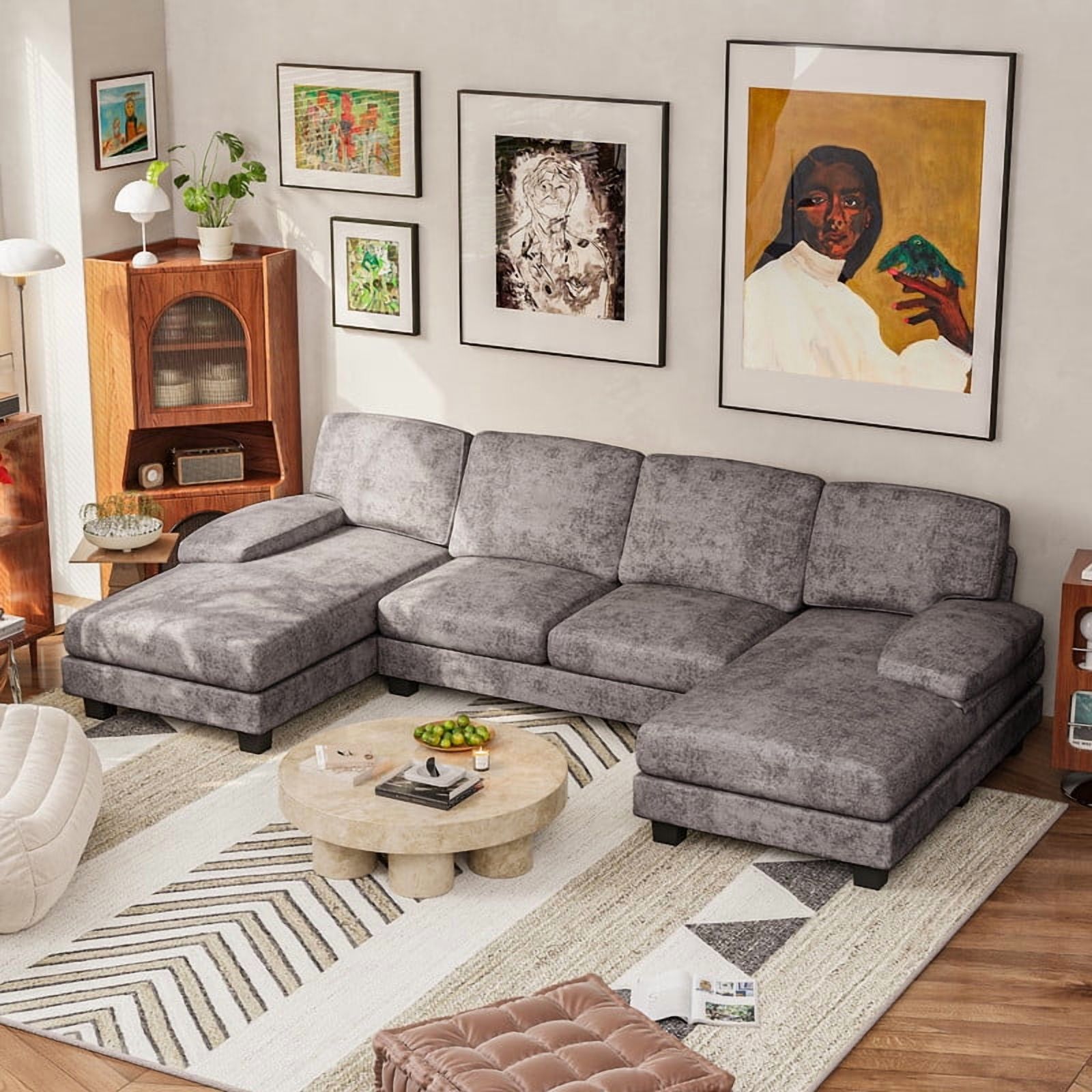 Furmax U Shaped Sectional Sofa Couch with Double Chaise for Apartments,Chenille Gray