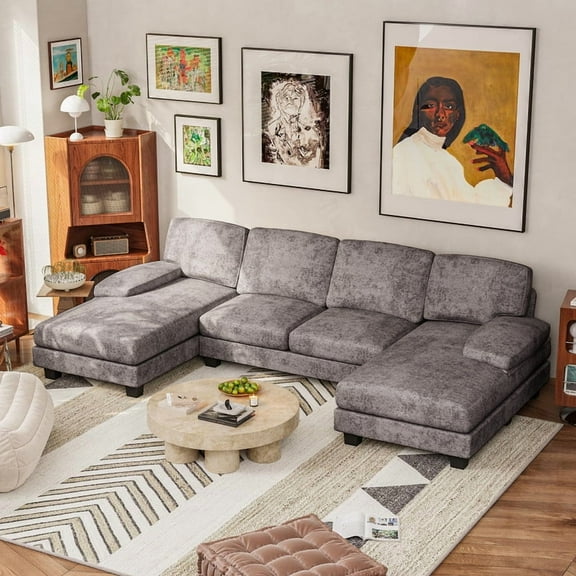 Furmax U Shaped Sectional Sofa Couch with Double Chaise for Apartments,Chenille Gray