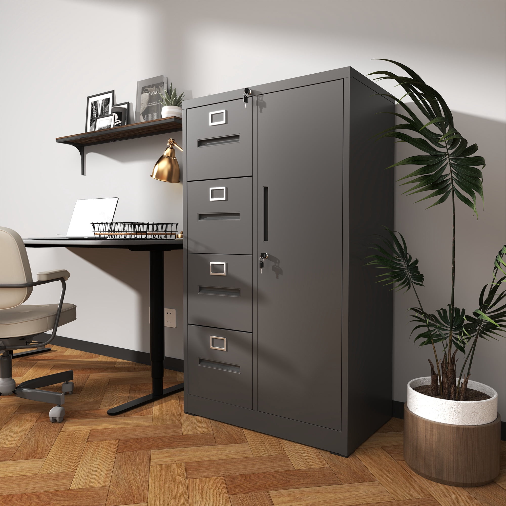 Leumius 52.4" Tall Metal Storage Cabinet with Lock,Freestanding Filing Cabinet Armoire Wardrobe Closet with 4 Drawers & Hanging Rod for Office,Living Room,School,Black