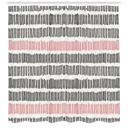Line Short Set (Abstract Shower Curtain, Hand Drawn Short Vertical Lines Retro Horizontal Stripes Hipster Doodle, Fabric Bathroom Set with Hooks, Black Coral White, by)