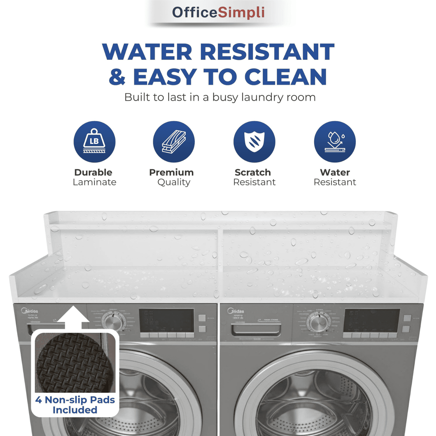 OfficeSimpli Large Washer Dryer Countertop with Shelf - 30 x 58 Inch - Made in USA Laundry Countertop Over Washer and Dryer with Non-Slip Pads, Storage Shelf, Laundry Topper Organizer, Gracier White