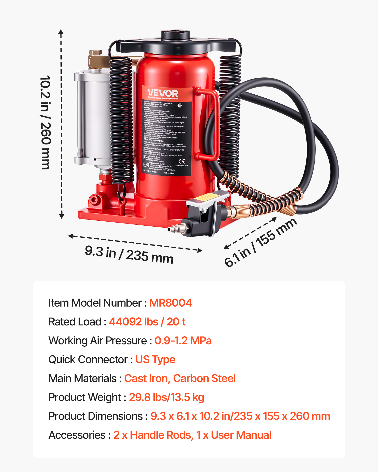 VEVOR Air Hydraulic Bottle Jack, 20 Ton (44092 lbs) Capacity, 10.2-19.5 Inch Lifting Range, Pneumatic/Manual Heavy Duty Welded Bottle Jack with Pump