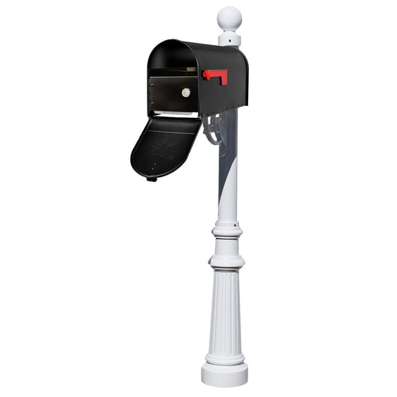 Lewiston post system with E1 Economy mailbox and E1 Locking Insert, mounting plate, fluted base and ball finial , White