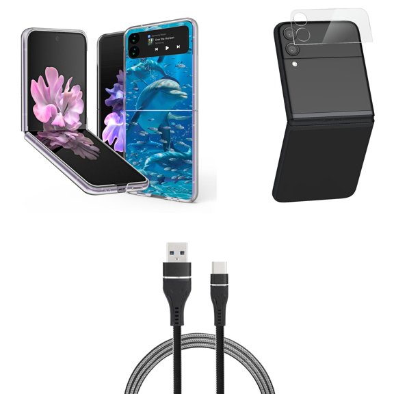 Bemz Premium Bundle for Samsung Galaxy Z Flip 3 5G: Slim Snap-On Protector Case (Dolphins), Rear Camera Glass Protector, Nylon Braided USB-C to USB-A Cable (3 Feet)