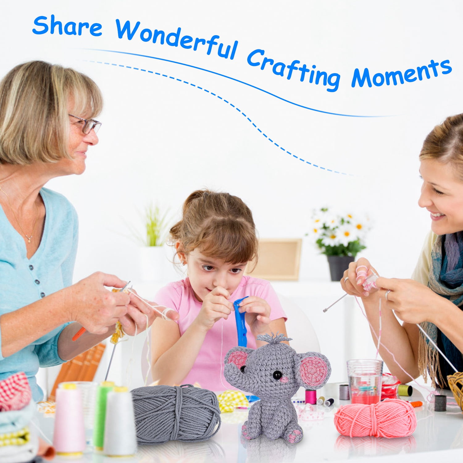 Imountek Elephant Crochet Set for Beginners, DIY Crochet Starter Kit with Video Tutorial for Kids Adults, 2 Elephant Patterns