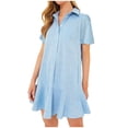 thumbnail image 2 of Women's Summer Solid Color Lapel Short Sleeved Buttoned Open Chest Pleated Ruffled Dress Short Skirt,Stylish Lapel Dress with Short Sleeves, Button Detail, and Pleated Ruffles Trendy Everyday Look, 2 of 8