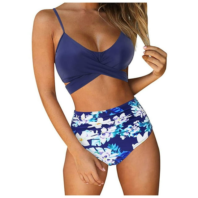 AMERTEER Women Cross High Waisted String Floral Printed 2 Piece Bathing Suit Bkini Swimwears Tankinis Set Black S