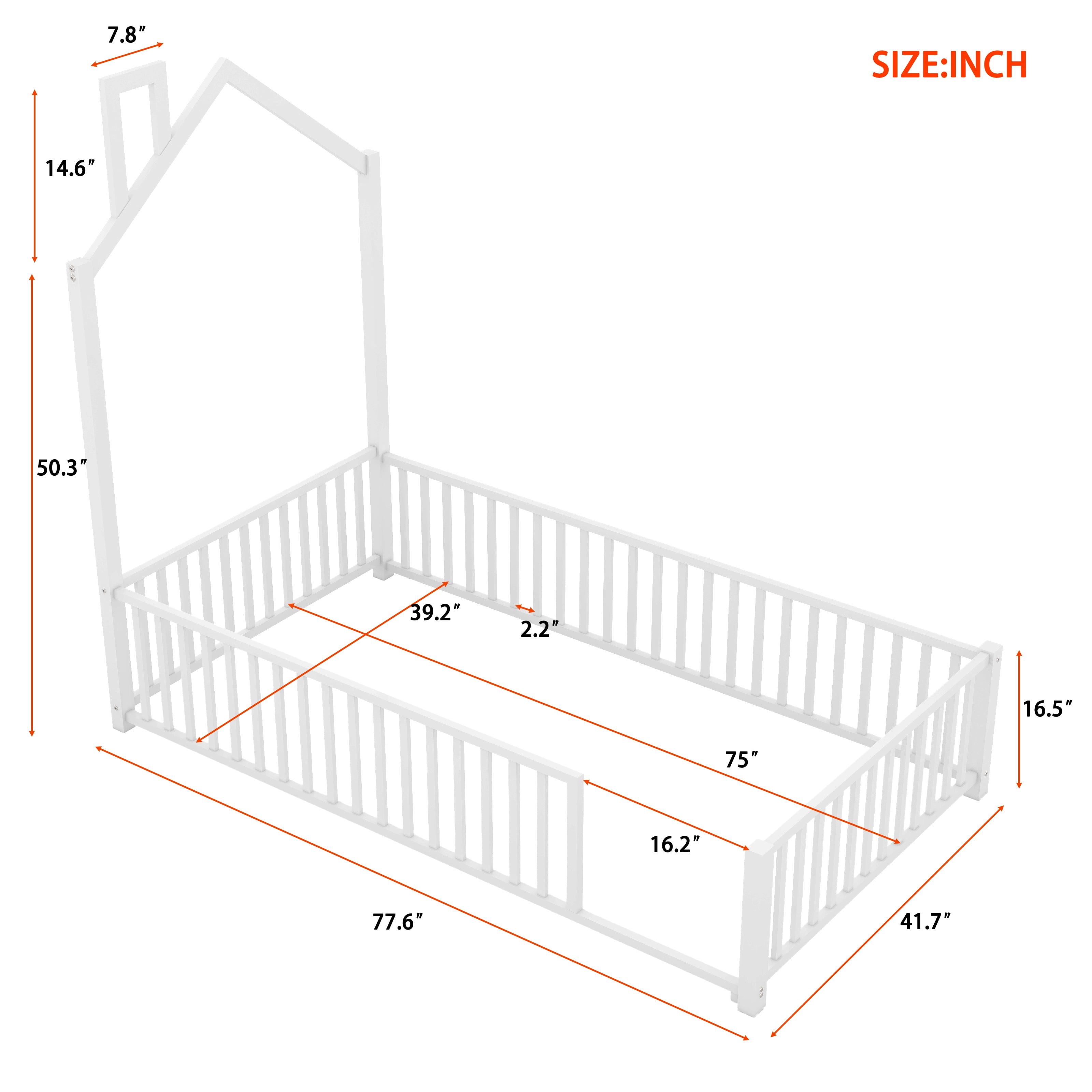 DreamBuck Metal House Floor Bed with Fence Guardrail and Chimney, Twin Floor Bed fors, No Weight Capacity Limit, Heavy Duty Floor Bed Frame for Bedroom, Easy Assembly, White