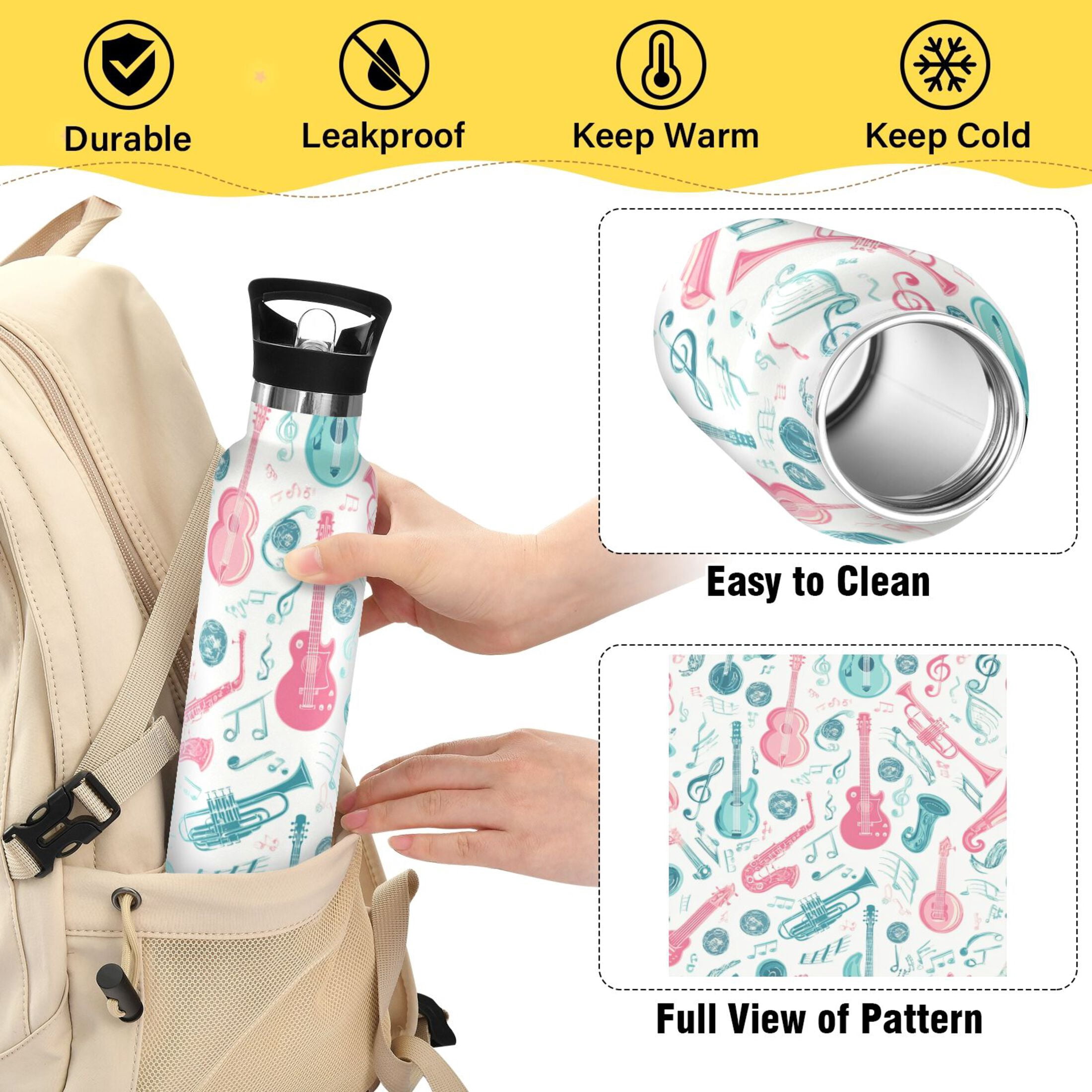 Kids Insulated Stainless Steel Sports Water Bottle 600ml (20oz) Musical Notes and Instruments