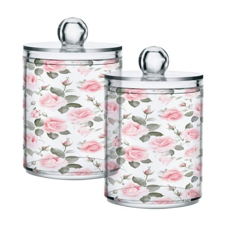 Ryvnso 2 Pack Qtip Holder Organizer Pink Rose Flowers Bathroom Cotton Swabs Cans Storage Canister