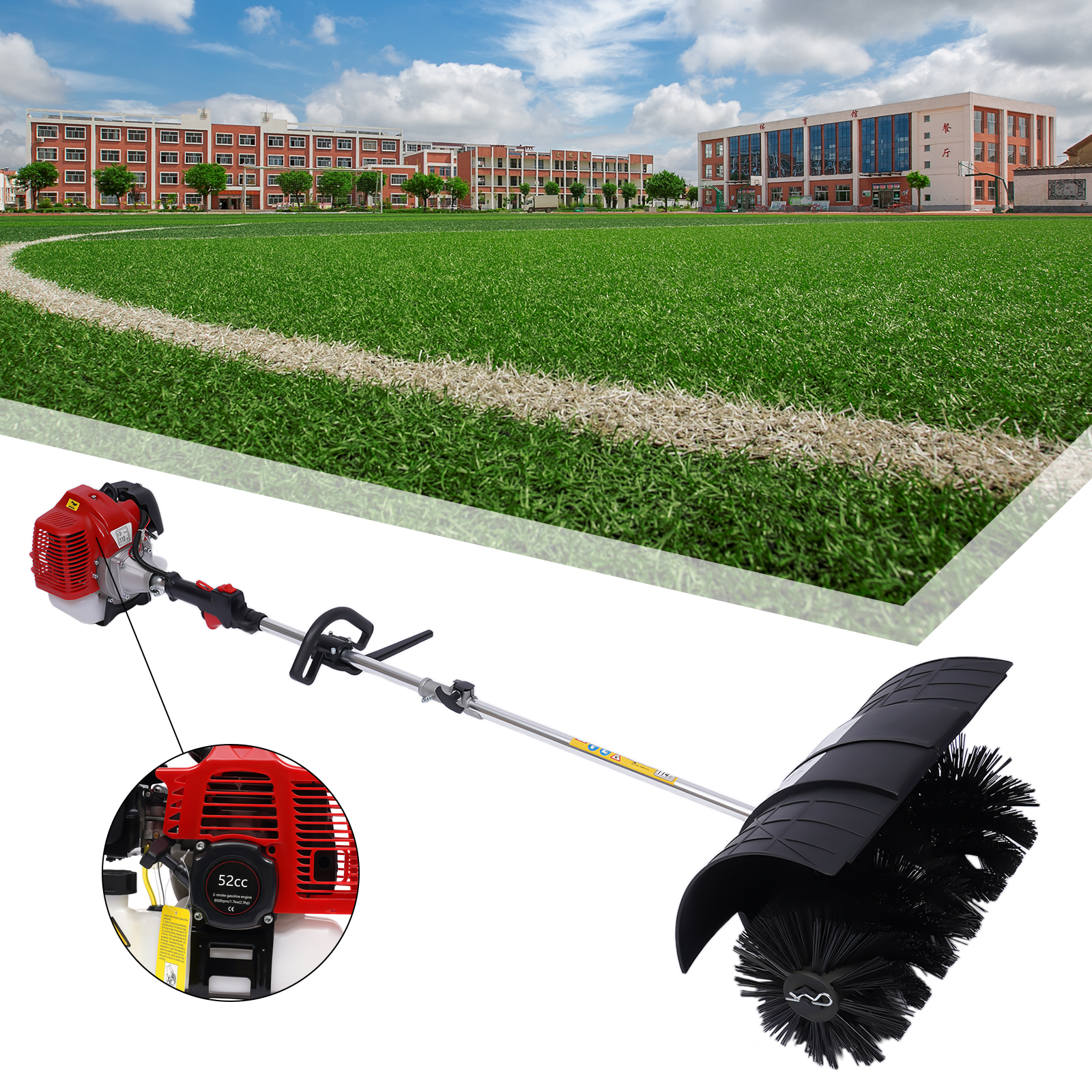 Wuzstar Handheld Sweeper,52cc 2.3HP 1.7kw Gas Powered Sweeper Broom for Walk Behind Driveway