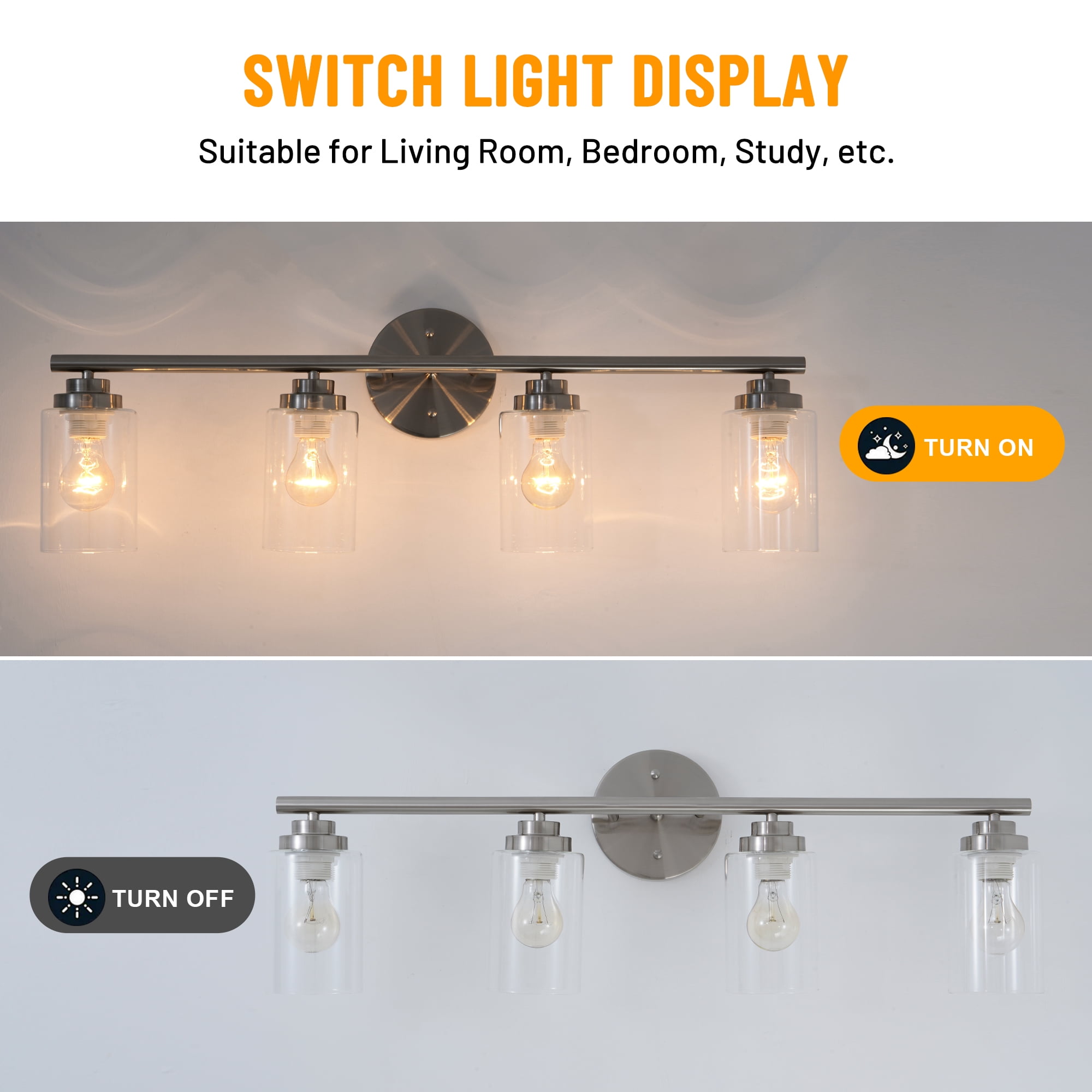 4-Light Bathroom Light Fixtures, Sand nickel color Modern Vanity Lights Over Mirror with Clear Glass Shade, Bathroom Wall Lamp for Mirror Kitchen Living Room Hallway Cabinet Porch Bedroom
