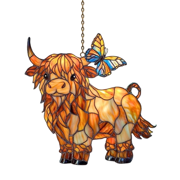 Chanana Highland Cow Art Acrylic Suncatcher Stained Glass Effect Window Car Hanging Christmas Ornament Indoor Outdoor Decor Garden Sun Catcher Panel for Cow Lover for Mom Women Grandma (Small)