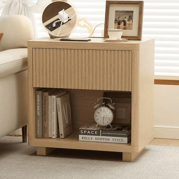 Fluted Nightstand with Charging Station, Modern Bedroom Furniture Side Table, Drawers & Open Shelf, Curved Profile Design, End Table Wood Organizer for Bedroom(Wood Color)