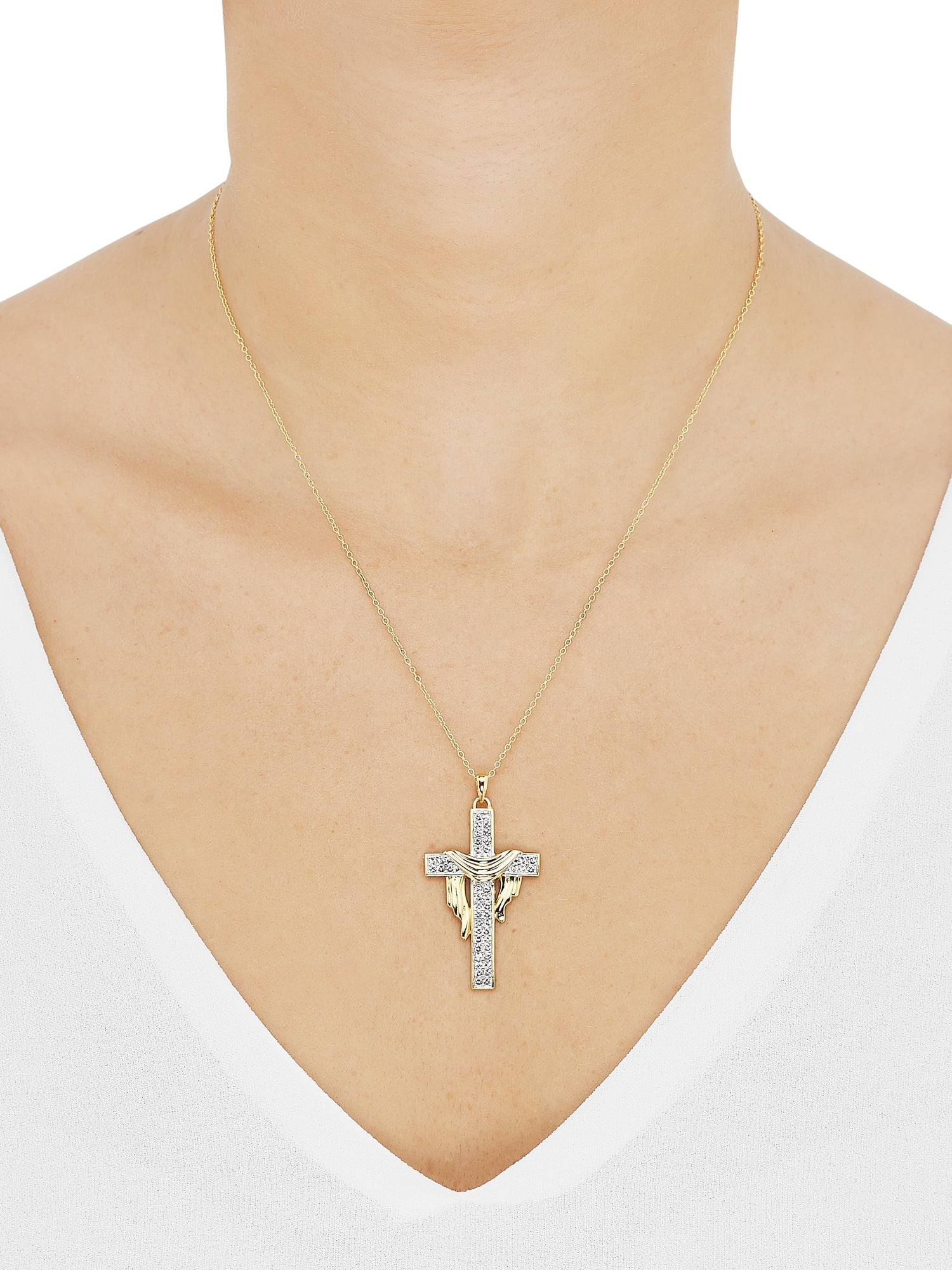 Brilliance Fine Jewelry Crystals Cross Pendant in Sterling Silver and 18K Gold Plate,18"